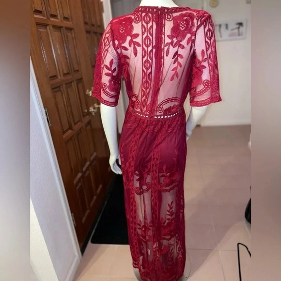 Maroon Deep V-Neck 1/2 Sleeves Sheath Lace Midi Dresses w side slits size small - Picture 10 of 16